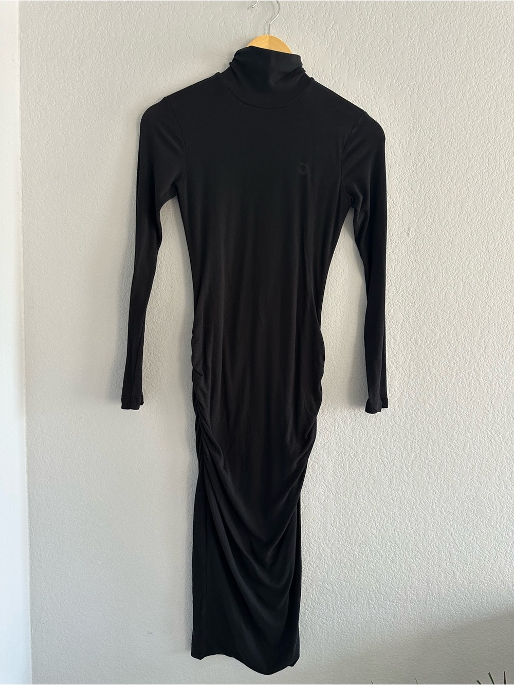 James Perse Black Turtleneck Long-Sleeve Ruched Midi Dress